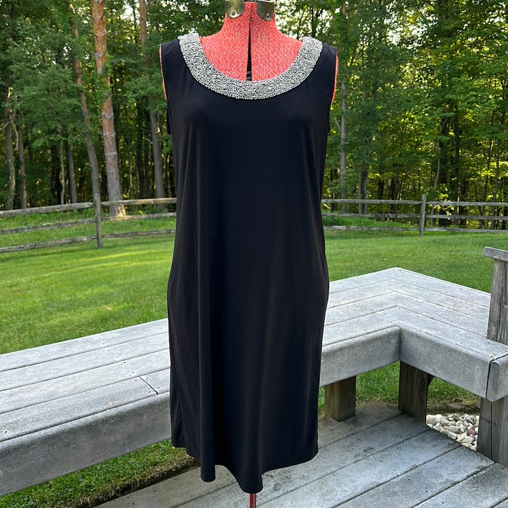 Pretty Beaded Collar A-Line Black Stretch Dress Sz 10